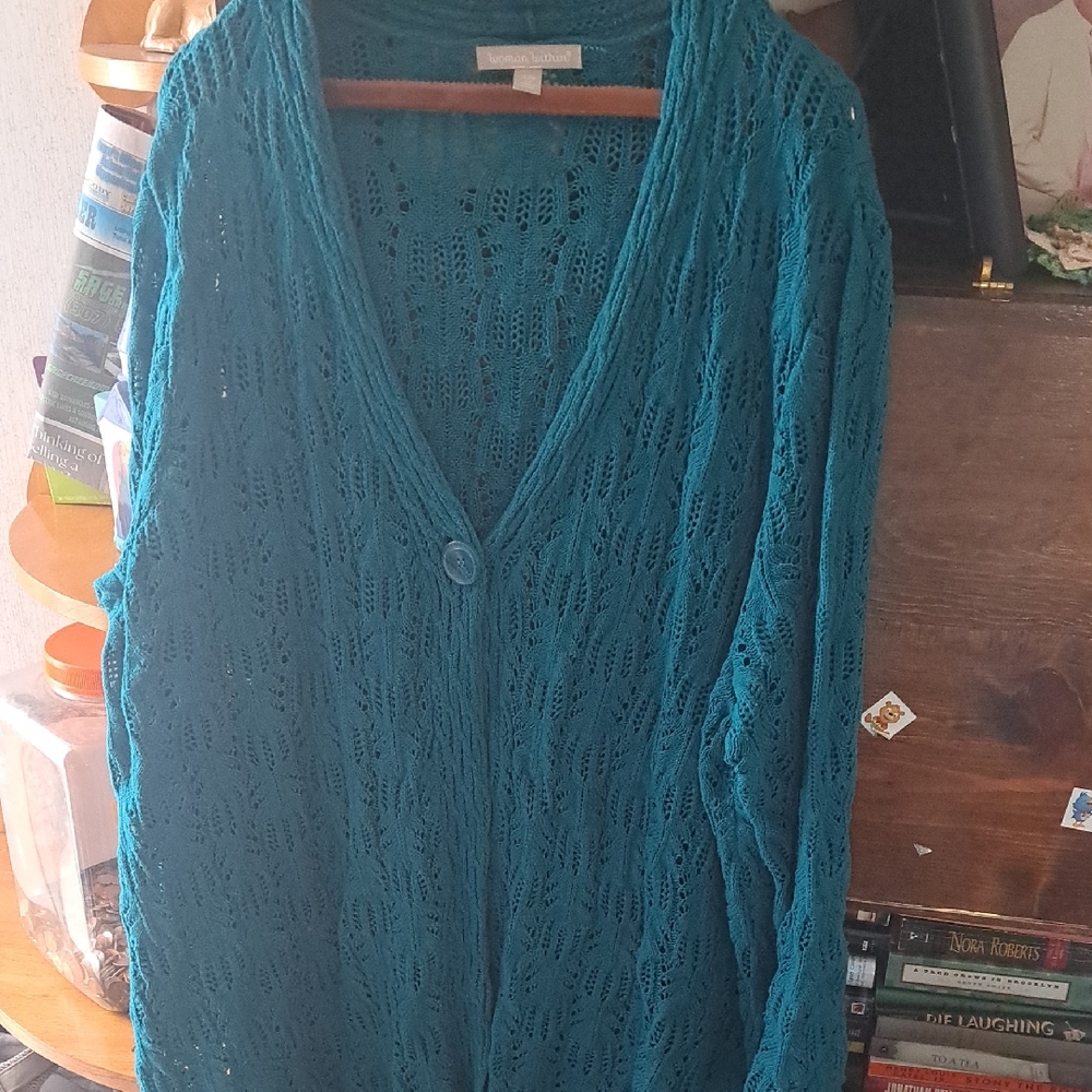 Woman Within Teal Open Knit Cardigan